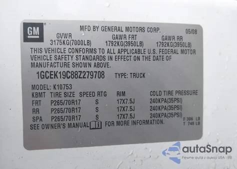 2008 Chevrolet Silverado 1500 Work Truck z USA, uszkodzony, nr VIN 1GCEK19C88Z279708